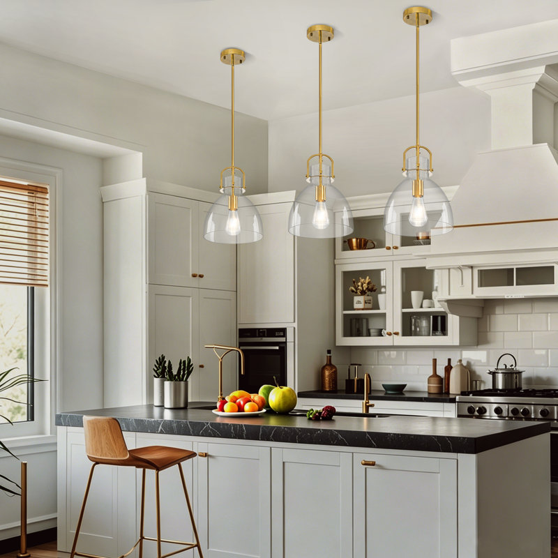 1 - Light Adjustable Pendant Light, Clear Bell Glass Shade for Kitchen Island, Dining Room, Gold