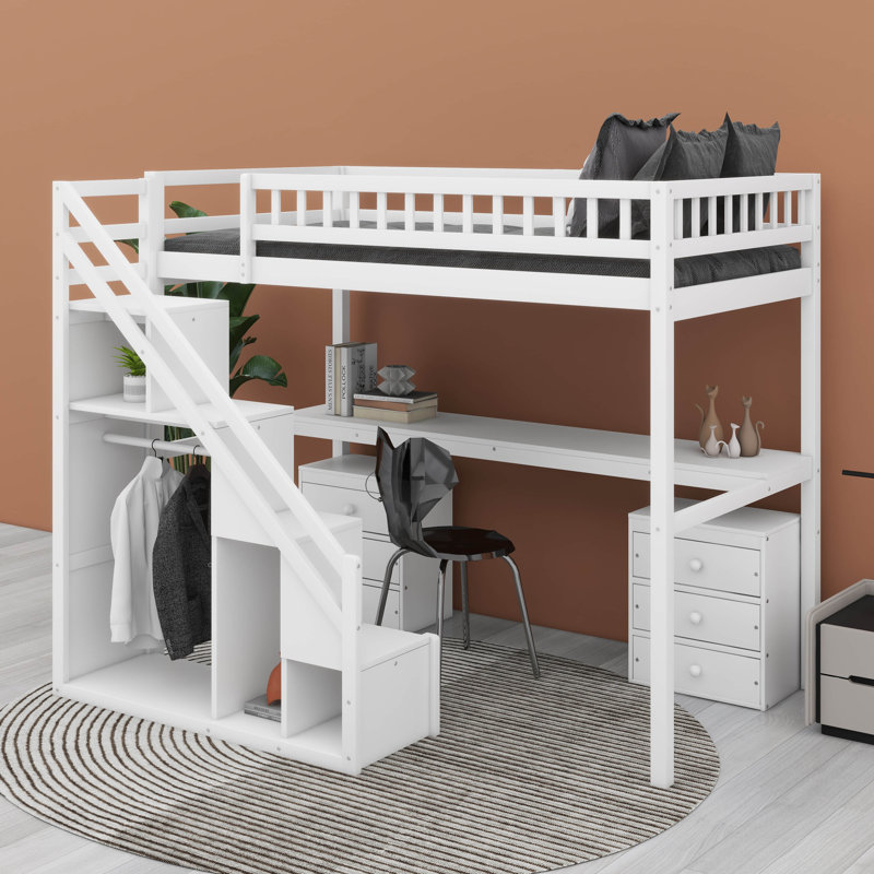 Structure de lit mezzanine avec escalier de rangement avec main courante, commode avec tiroir, DEL, garde-robe ouverte, Blanc