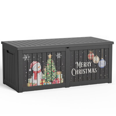 280 Gallon Christmas Print Resin Outdoor Deck Box, Large Waterproof Storage Container with Decorative Snowman & Christmas Tree Design