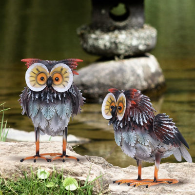 Owl Garden Decor Outdoor Statues, 2Pcs Large Metal Bird Standing Yard Art, Lawn Sculptures Ornaments For Outside Patio Pond Backyard, Holiday Sympathy Gifts For Grandma Mom