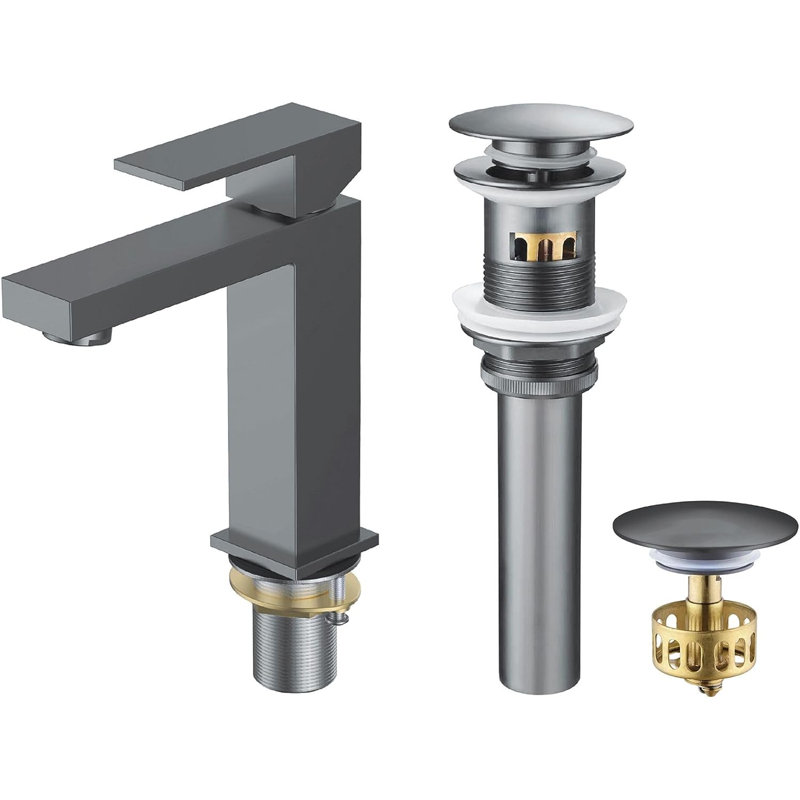 Single Hole Bathroom Faucet with Pop-up Drain and Strainer Basket, Gun Black