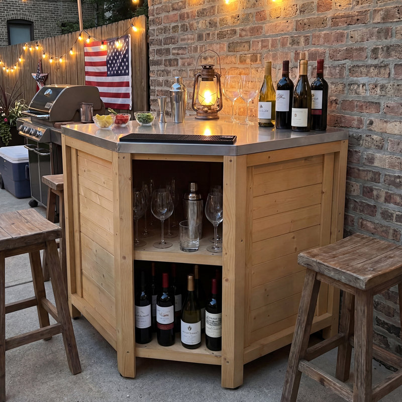 Armoire de rangement d'extérieur en cèdre avec plateau en acier inoxydable, Brun