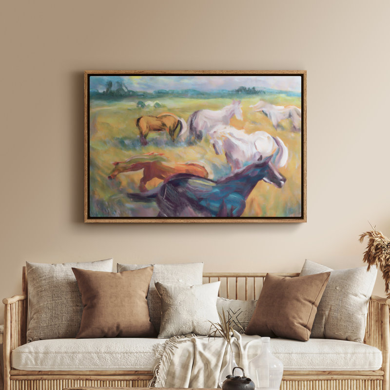 Art mural sur toile encadrée - Scène de prairie à cheval expressive avec mouvement dynamique et couleurs douces - 16 po x 24 po, 24 po x 36 po