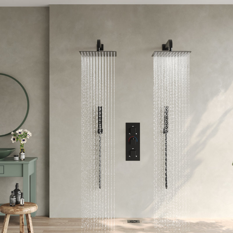 Système de douche thermostatique à pluie, douchette double 12 po avec douchette à main, Noir mat