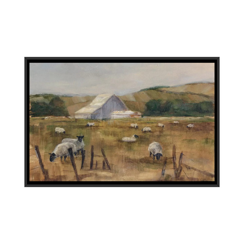 " Grazing Sheep I " by Ethan Harper, 18" H x 26" W x 1.5" D, Black Framed Canvas, No Mat