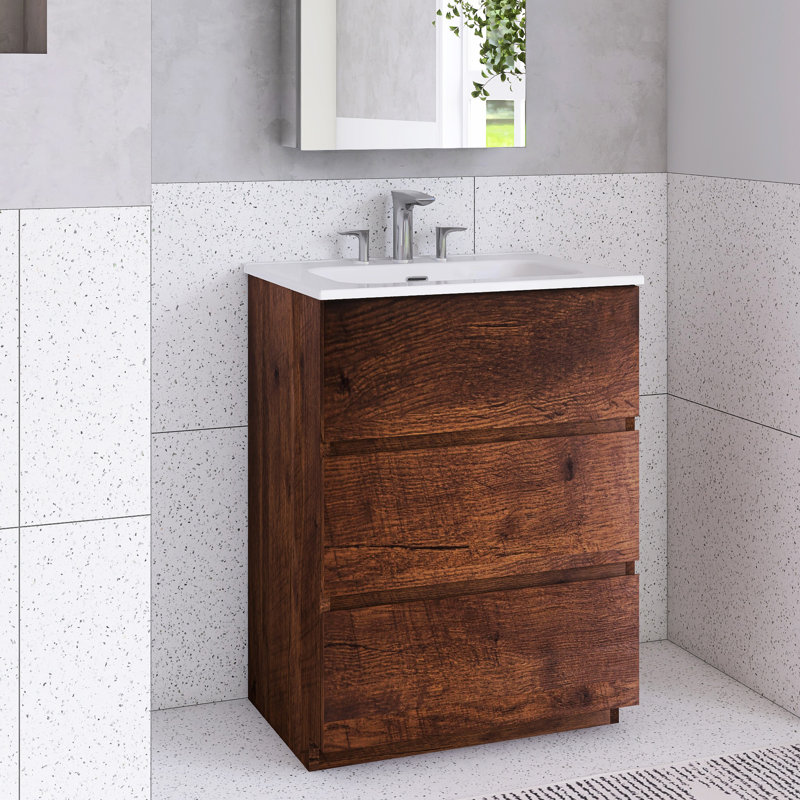 Meuble-lavabo autoportant avec lavabo et 3 trous de robinet, Brun, 24"