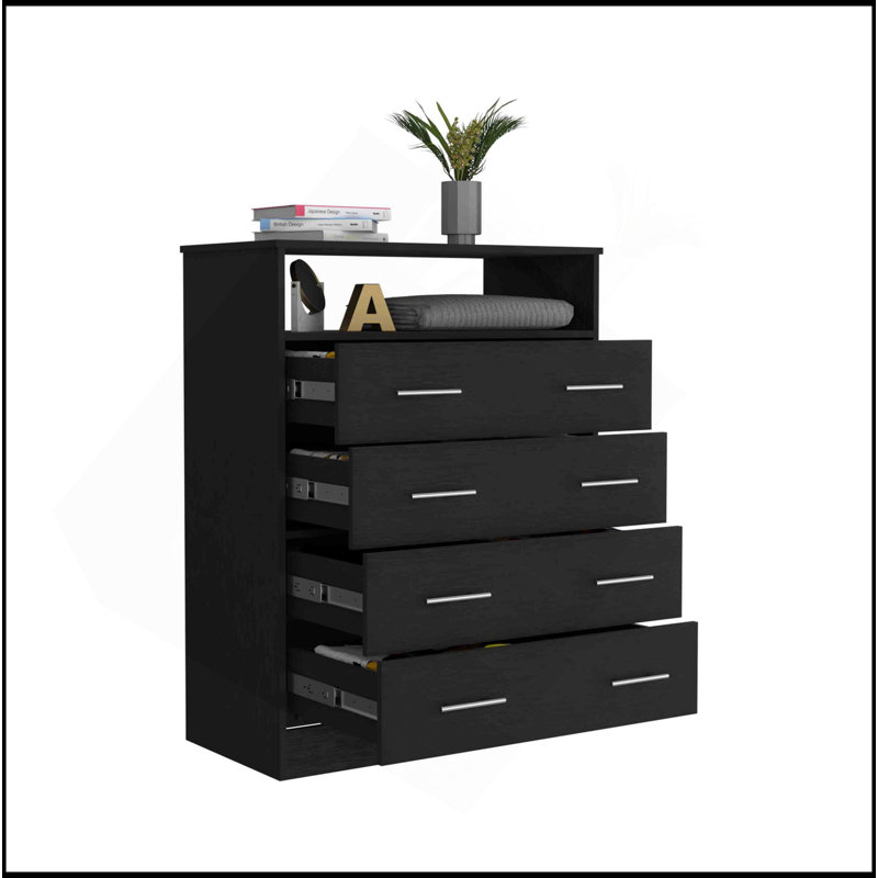 Commode 4 tiroirs Pérou, plateau supérieur, 1 tablette ouverte - noir, Noir