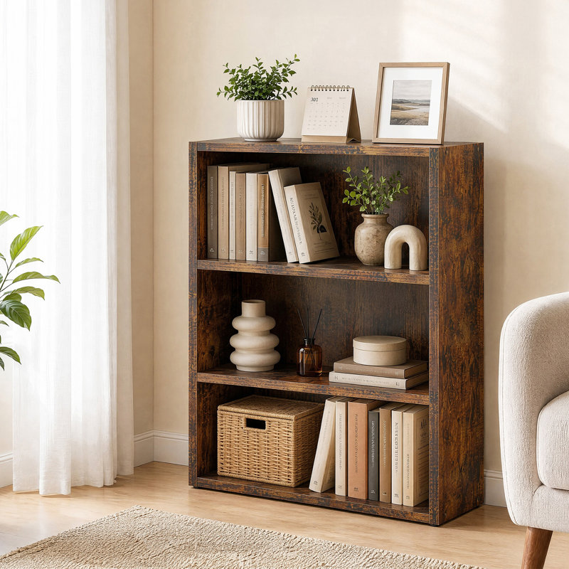 Adjustable Wooden Standard 3-Tier Bookcase, Rustic Brown, (3 Shelves) 32"H x 23.8"W x 9.2"D
