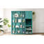 Lit simple bleu sarcelle rotatif avec plan de rangement pour bibliothèque, solution de rangement pour armoire supérieure, surface de travail escamotable et compartiments latéraux à l'ombre, bibliothèque intégrée, boîte dissimulée intégrée, zone extensible