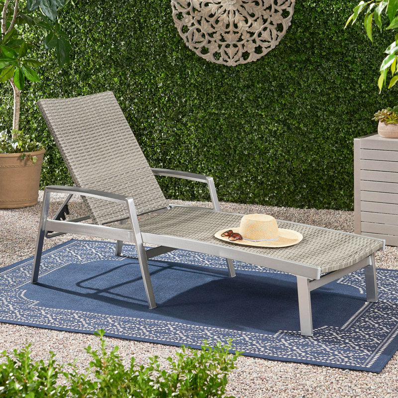 Rust Proof Aluminum Frame Outdoor Lounge Chair, Wicker Mesh Recliner with Armrest for Patio Backyard (No Umbrella), Dark Gray