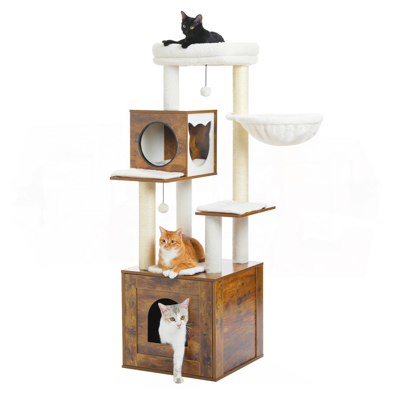 Tour à chat en bois beige Deluxe Condos, Brun, H 57,5 po x l 18,9 po x L 18,9 po