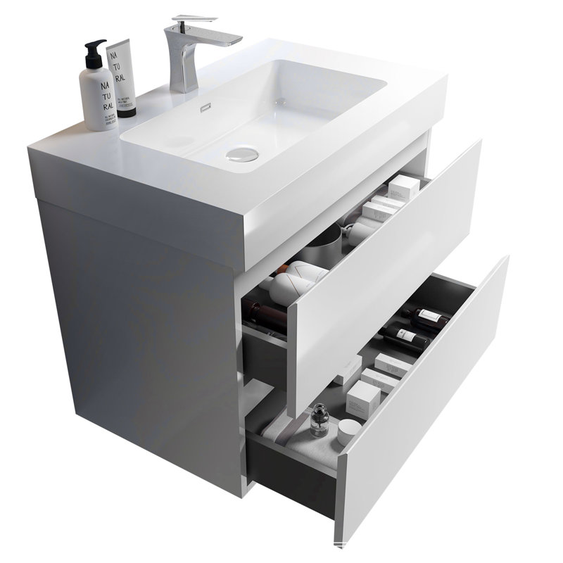Meuble-lavabo flottant mural avec lavabo une pièce sans bonde ni robinet