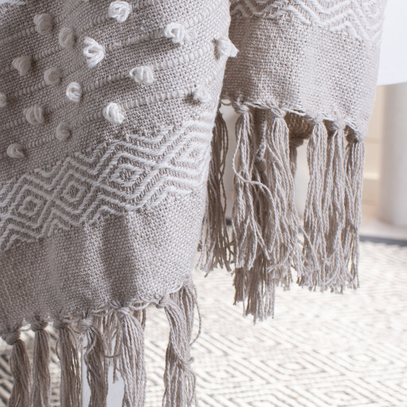 Beige & Teal Chevron Cotton Throw Blanket with Fringe