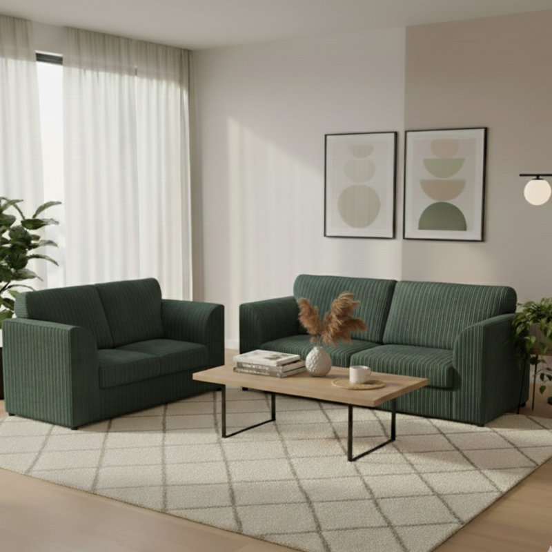 Jambo Cord 3 and 2 Seater High Back Cushion Sofa Set, Green