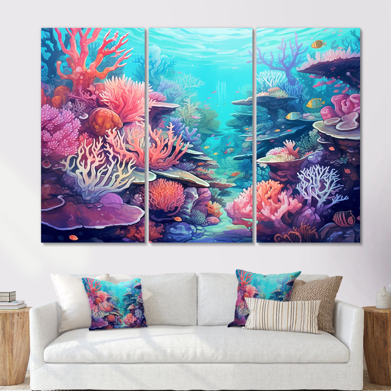 Kawaii rose côtier corail I - ensemble d'impression d'art mural corail sous l'eau, Toile tendue, H 32 po x l 48 po x P 1 po