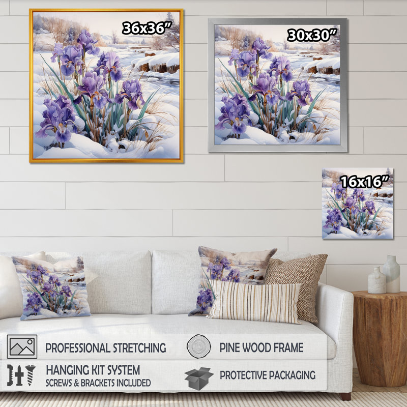 Mauve iris mauve en hiver II sur toile, Cadre flottant doré, H 36 po x l 36 po x P 1,5 po