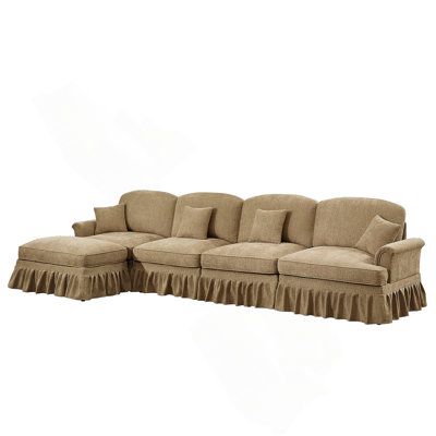 Canapé modulaire classique en L à trois places avec accoudoirs évasés, jupes à plis à volants amovibles et repose-pieds mobile, canapé en chenille confortable