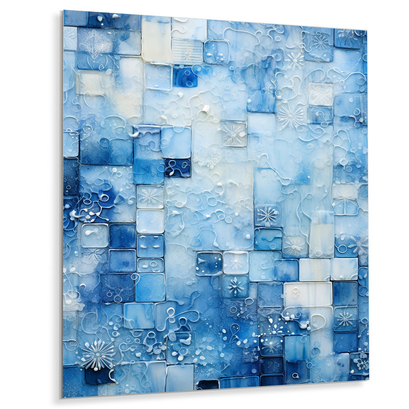 Carreaux botaniques bleus et blancs V - art mural en métal abstrait, H 32 po x l 16 po x P 1 po
