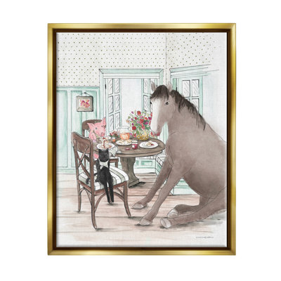 Animaux partageant un repas, impression encadrée sur bois