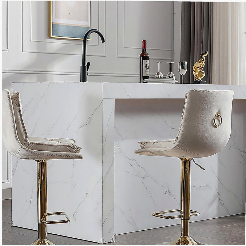 Ensemble de tabourets de bar, repose-pieds chromé et mécanisme de réglage de la hauteur pivotant avec velours, Blanc
