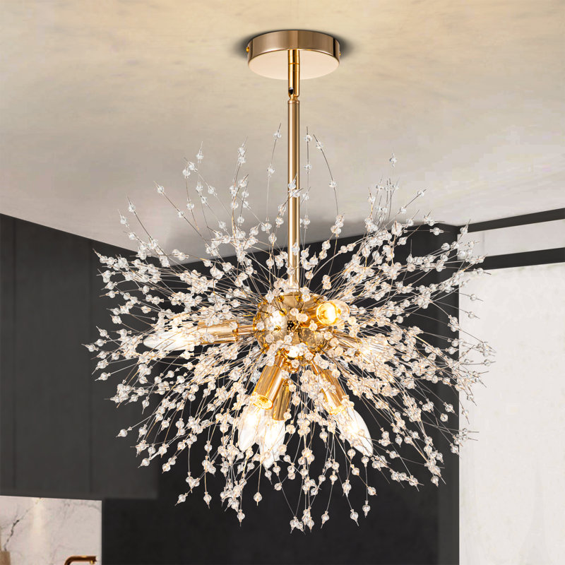 Anceline 6-Light Gold Sputnik Starburst Ceiling Light Crystal Semi-Flush Mount