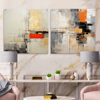 «Abstract Peach Grey Road Collage», ensemble de 2 peintures murales abstraites en acrylique