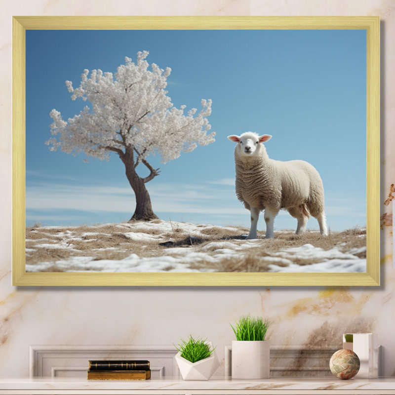 Sheep Minimalist Solitude - impression, H 16 po x l 32 po x P 1 po, Cadre doré à une seule photo