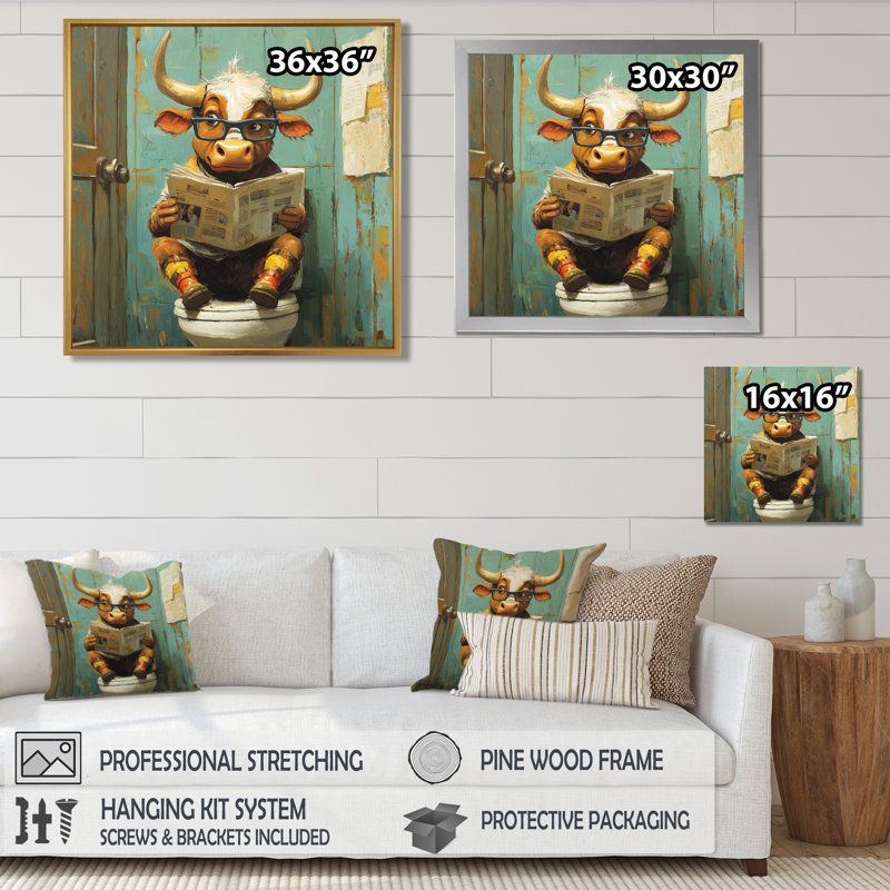 Keiontay, jolie vache lisant un journal dans la salle de bain - vache, art mural, H 36 po x l 36 po, Blanc