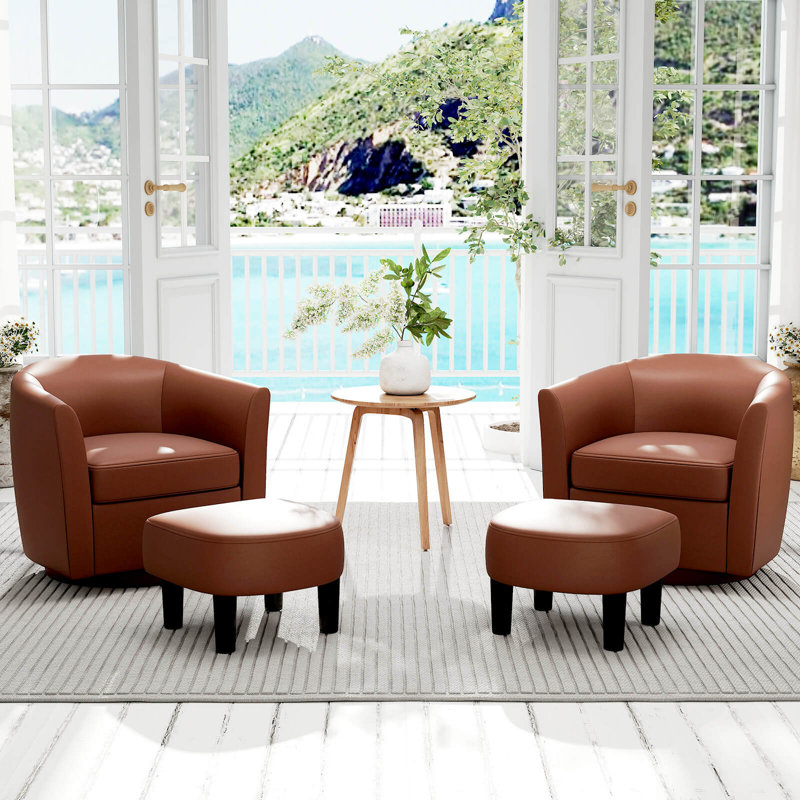 Swivel Barrel Chair With Ottoman Footrest Curved Backrest & Armrests Living Room, Brown