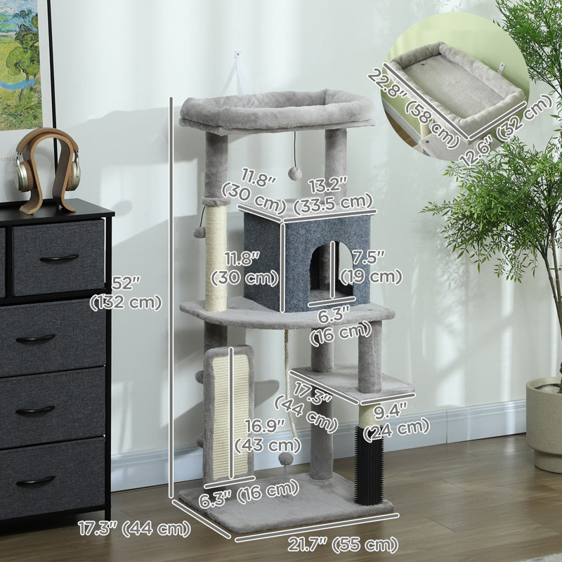 52 Inch Cat Tree with Scratching Posts, Cat Bed, Condo, Light Grey