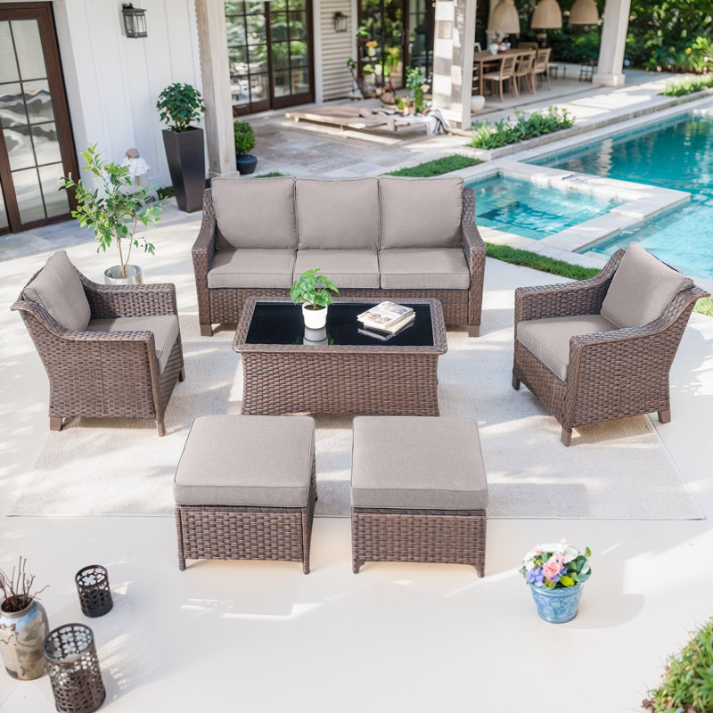 Jenesys Outdoor Wicker Furniture Set With Sofa, Club Chairs, Ottomans & Coffee Table - Durable, Stylish, Gray