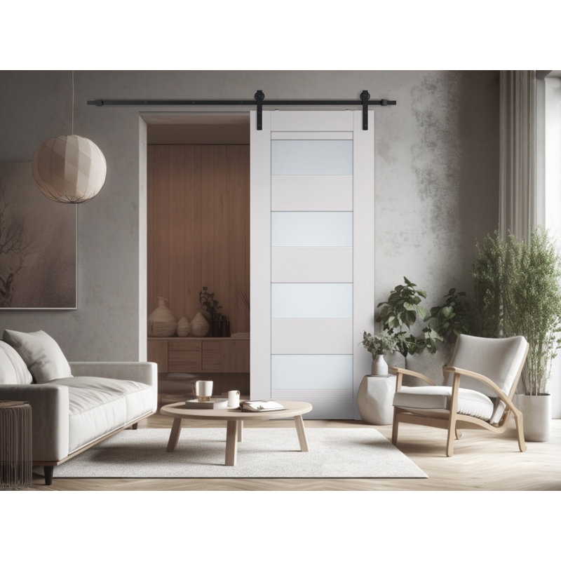 Porte de grange à panneaux et en bois avec trousse de quincaillerie d'installation, 17,75 po x 79,37 po, Blanc noble