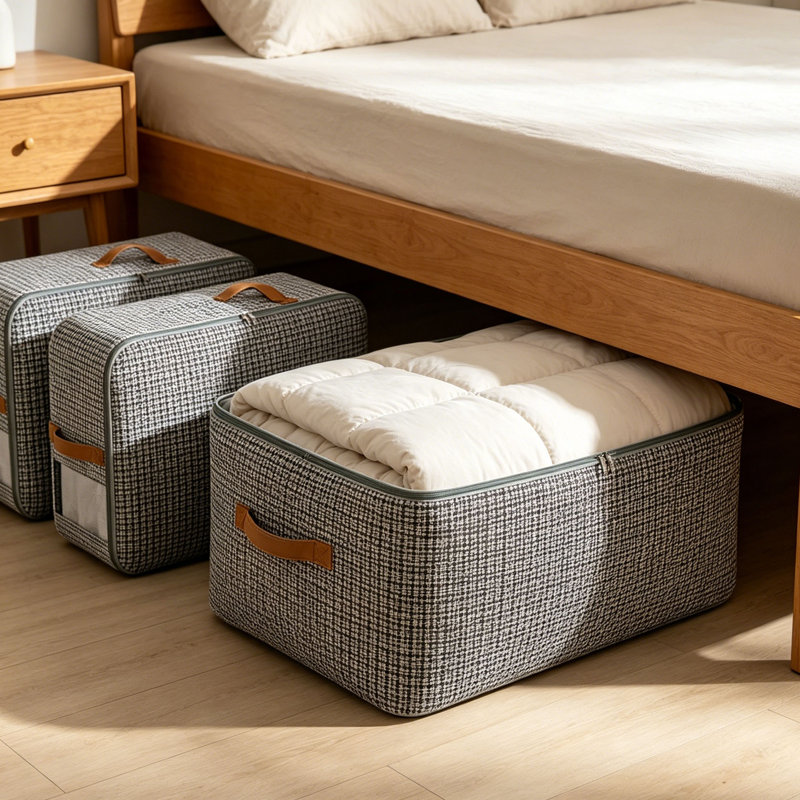 Portable Quilt Storage Bags for Clothes Blankets, 3Pcs Tweed Style Foldable Organizer Bags with Leather Handles, Oxford Fabric Large Capacity Storage for Comforter Seasonal Clothing, Clear Window Waterproof Moisture-Proof