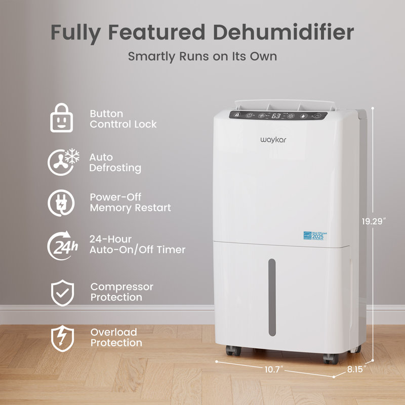 2,500 sq ft Energy Star Dehumidifier - Intelligent Control, Auto Drain, White