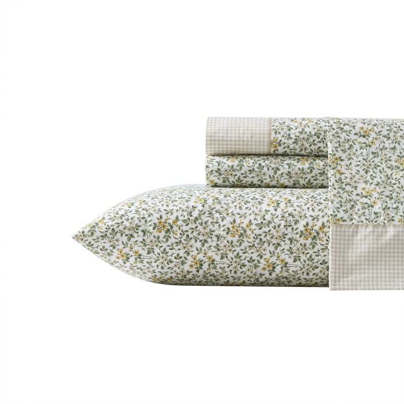 Laura Ashley Kate Cotton Printed Hem Blue Full Sheet Set, King Sheet Set with 2 Pillowcases, Green Floral