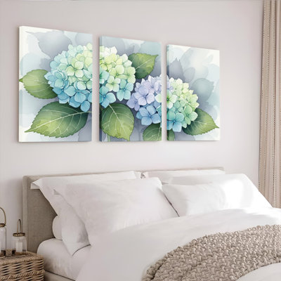 Hydrangées, impression sur toile, ensemble de 3 panneaux, impression botanique moderne pour le salon ou la chambre à coucher