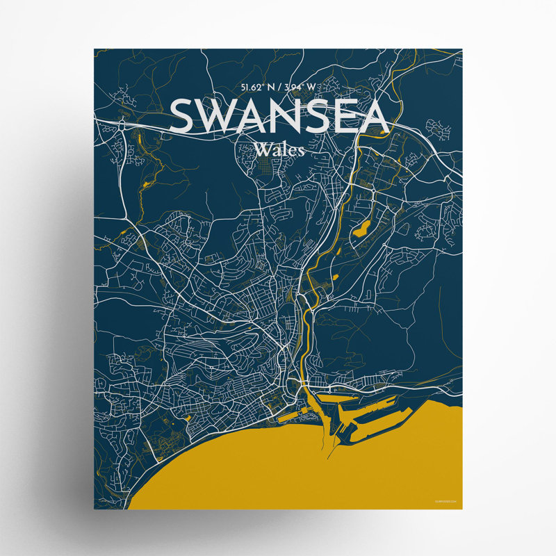Swansea City Map, impression, H 20 po x l 16 po, Bleu / jaune