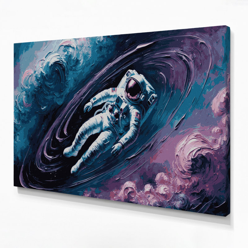 «Sci Fi Astronaut flottant dans une nébuleuse colorée», art mural sur toile grise, H 11 po x l 14 po