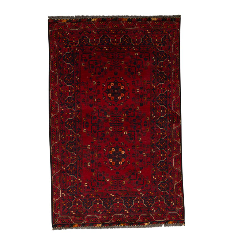 Tapis unique en laine noué à la main de 3 pi 4 po x 4 pi 9 po rouge / noir / or