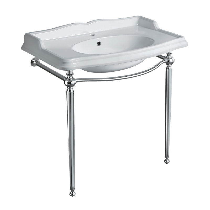 White Ceramic Wall-Mount Console Sink with Chrome Legs
