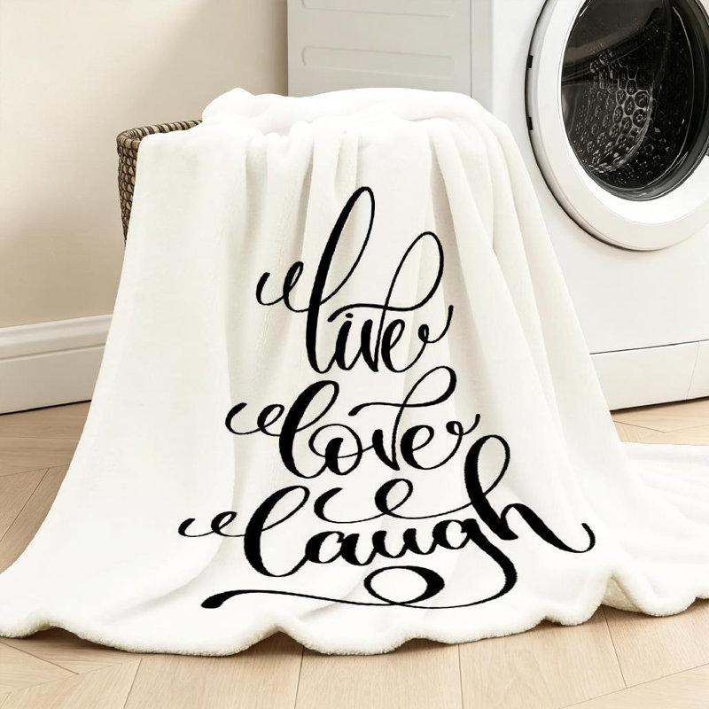 Jeté en molleton noir ultra doux en flanelle, Live Love Laugh et imprimé blanc sur une face, Throw 50" x 60"