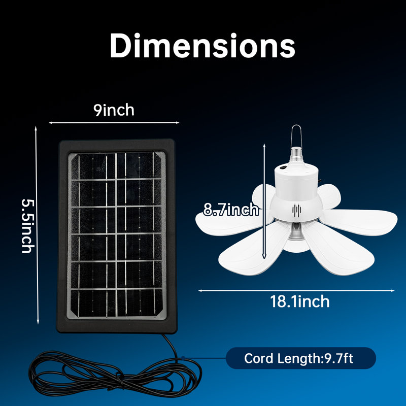 18.1" Solar Ceiling Fan Light Portable Hanging Fan Long Cord With Remote Control For Gazebo, Tent, Patios, Shed, Chicken Coop, Rv, Greenhouse Outdoor