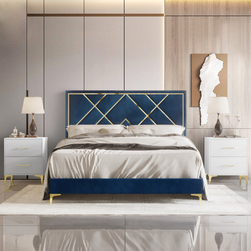 Lausyn Upholstered Standard 3 Piece Bedroom Set, Queen, Navy Blue