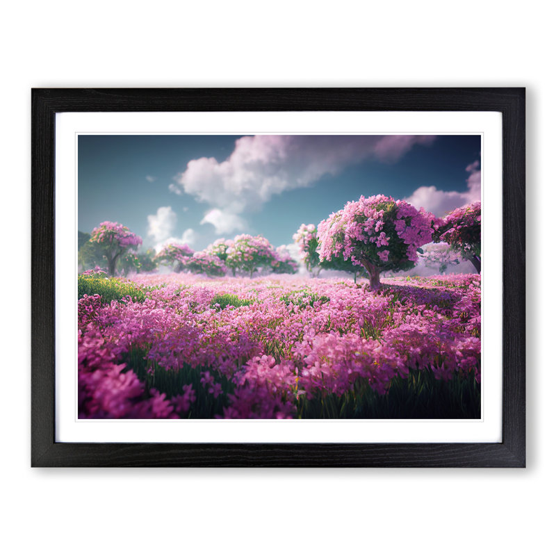 Cherry Blossom Flower Field - Single Picture Frame Print, 46cm H x 64cm W x 2cm D, Black
