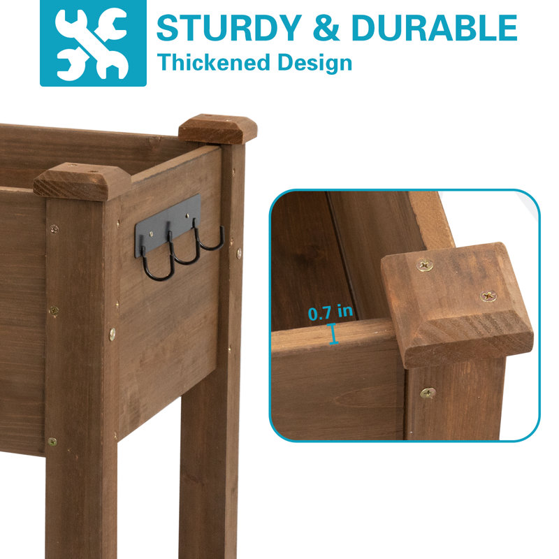 Wooden Elevated Planter With Storage Shelf, Slide Table