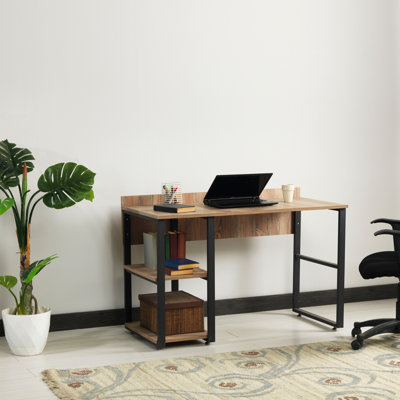 Stylish Black Metal Frame 58 Inch Oak Top Writing And Computer Desk With 2 Shelves For Home Office