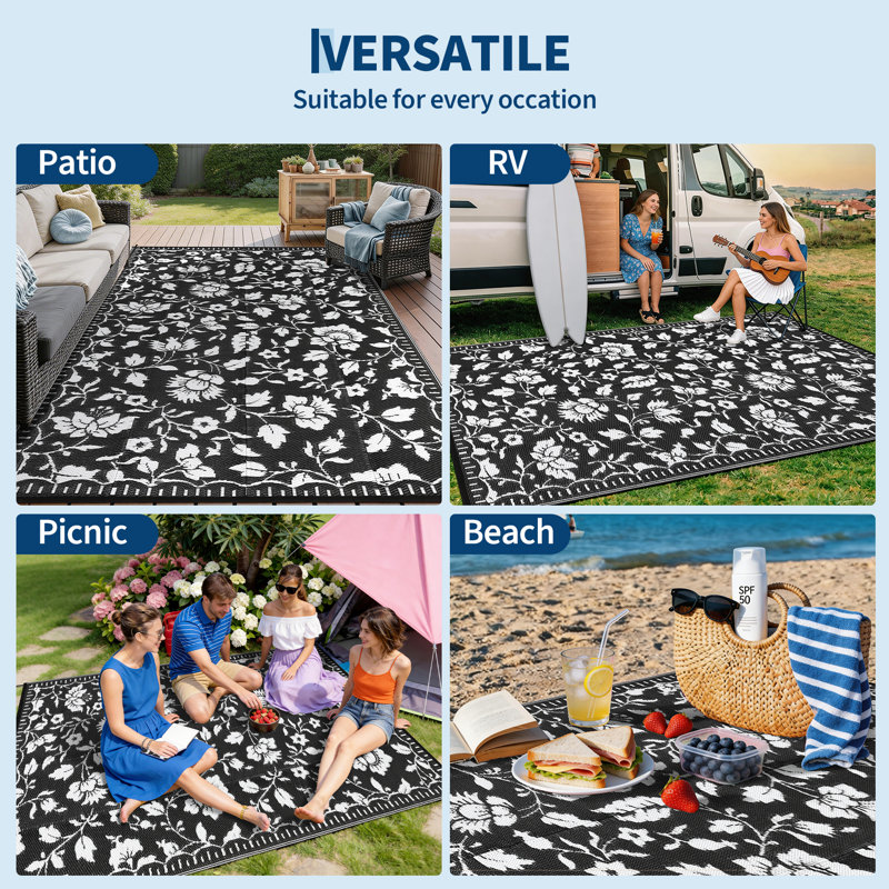 Outdoor Rug Waterproof Reversible Vintage Plastic Straw Carpet Lightweight Collapsible Patio Mat with Portable Bag UV Resistant, Ideal for Backyard, Beach, RV Deck
