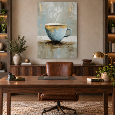 Blue Steaming Coffee Cup Gold Accent Abstract Canvas Wall Art