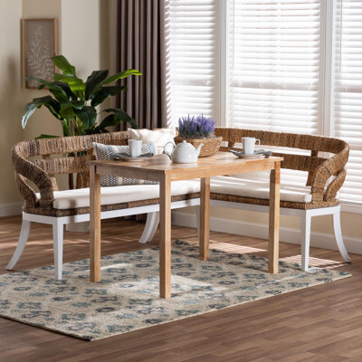 Bali & Pari Ubud Seagrass Dining Nook Set With Wood Dining Table And Cushioned L-Shaped Bench - Coastal Farmhouse Breakfast Corner Furniture Set For Kitchen Or Dining Room, 3-Piece