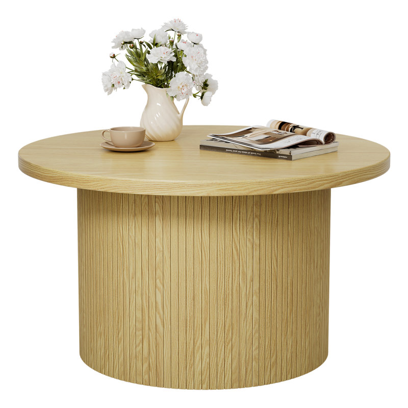 31.5" Round Coffee Table with Solid Wood Base, Oak